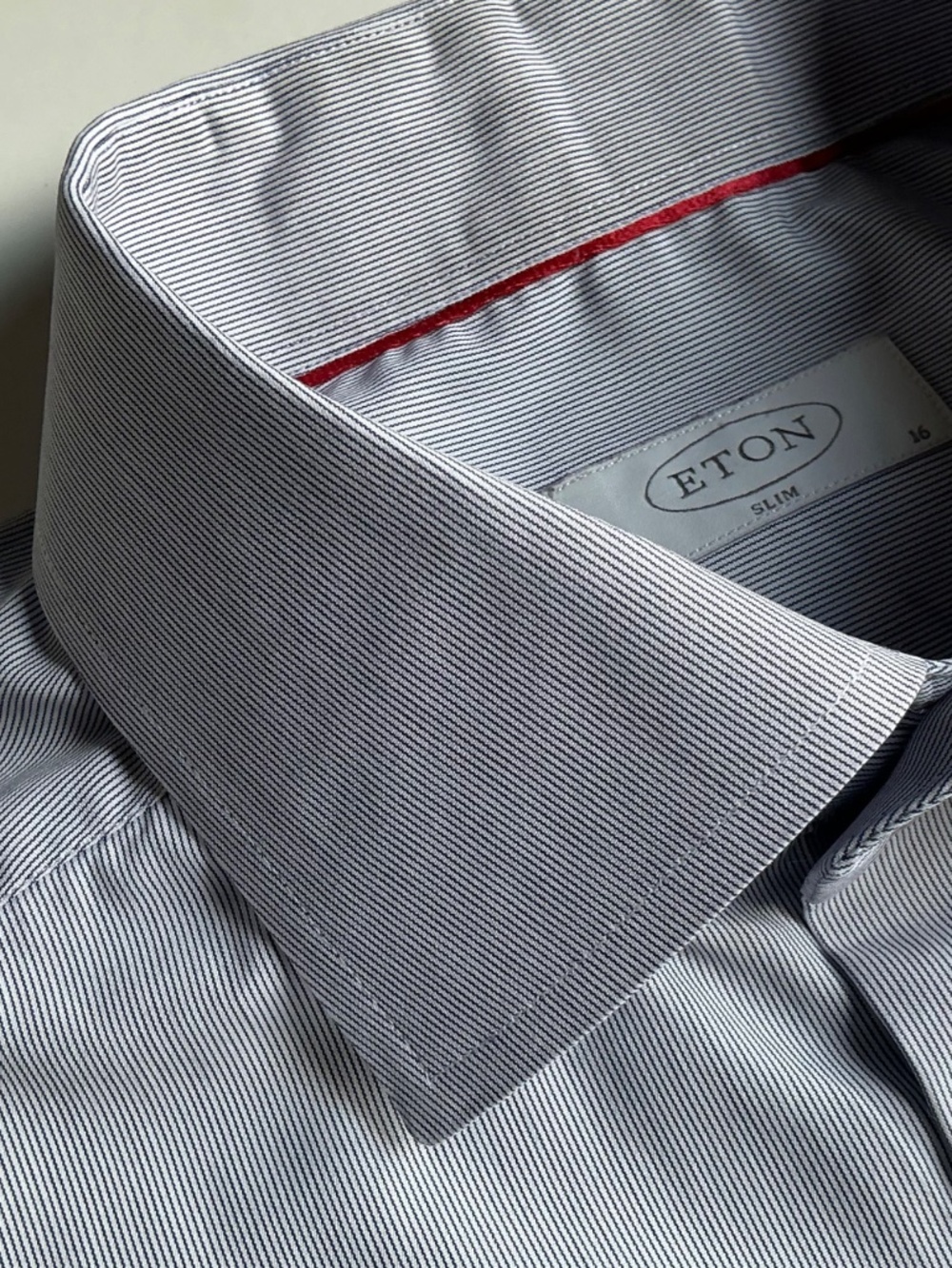 ETON slim pinstriped pale gray cotton  dress shirt Sz L 16 made in Romania 🇷🇴
